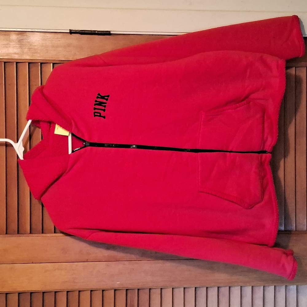 Pink woman's size medium red sherpa lined full zip hoodie